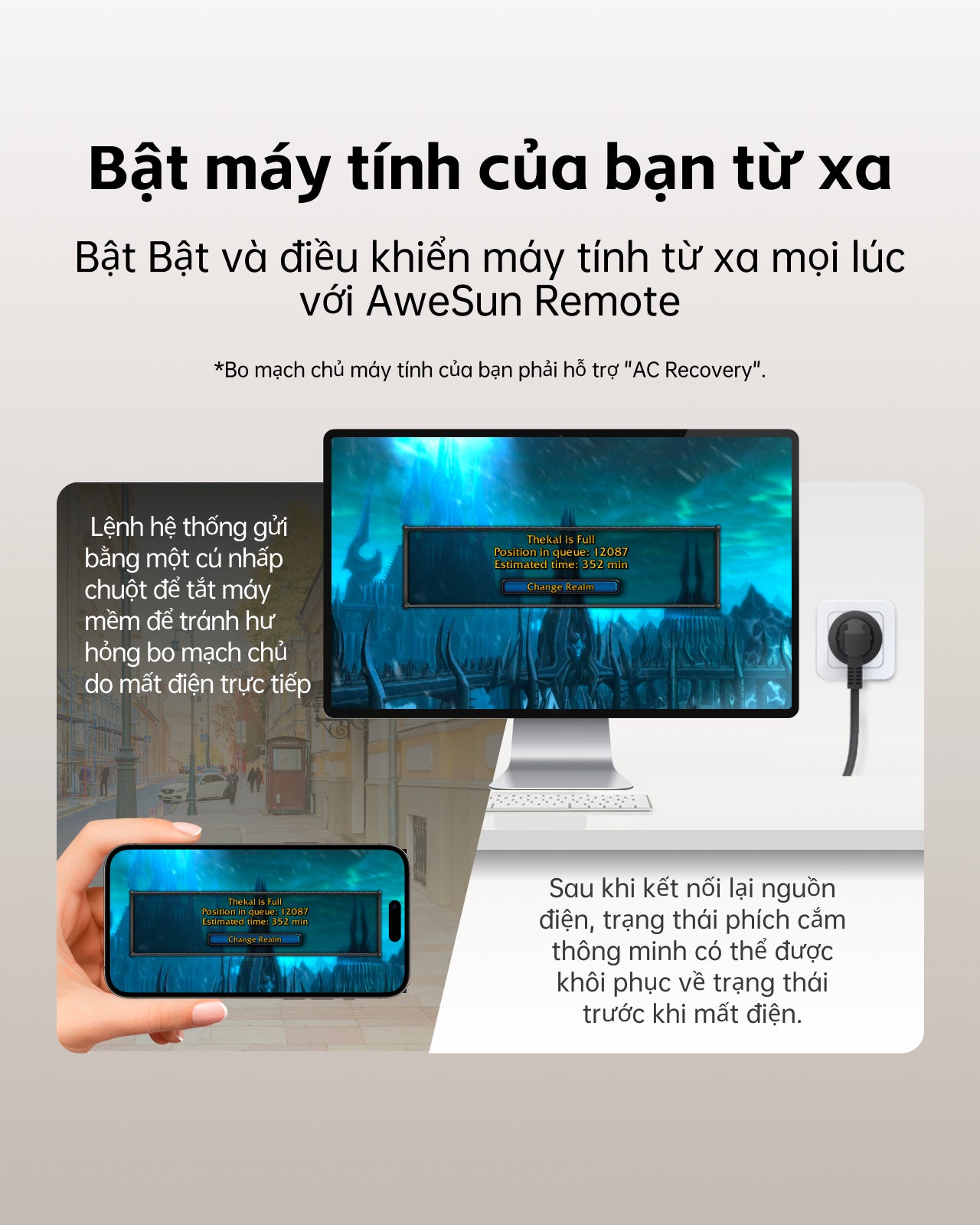 Ổ cắm điện thông minh AWERAY C2-EU phù hợp với máy tính Việt Nam và hoạt động khi kết nối với 2.4GWifi. Bạn có thể sử dụng AweSun Remote APP để bật máy tính từ xa khi ở ngoài trời. Nó có các chức năng như hẹn giờ, đếm ngược, thống kê nguồn điện.